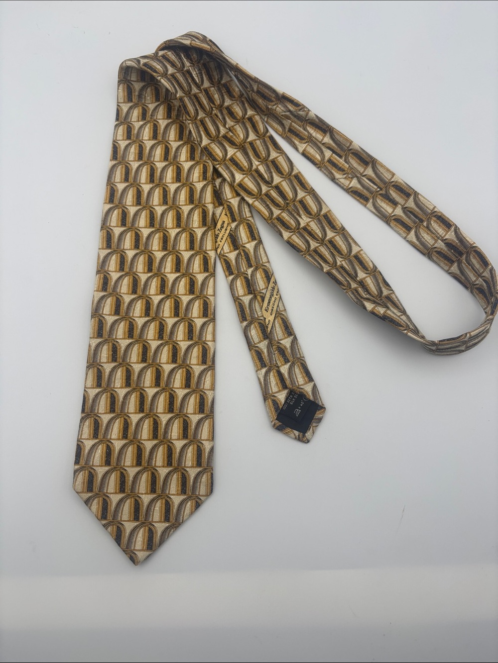 Ermenegildo Zegna Gold and Brown Geometric Silk Tie